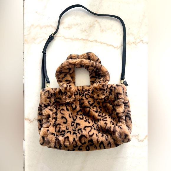 Urban Expressions Faux Fur Cheetah Print Crossbody and Top Handle Bag Tan Brown - Picture 1 of 12